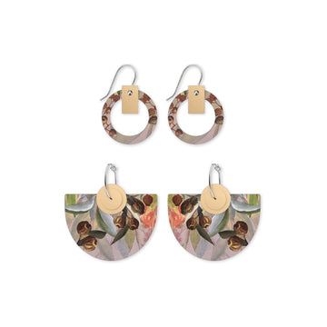 Two pairs of earrings with floral design on a white background.