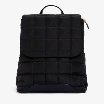 Front view of a backpack made from black nylon in a quilted design.