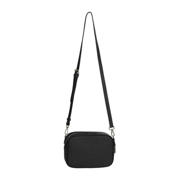 A black bag with a long strap and Hoopla embossed on the front.