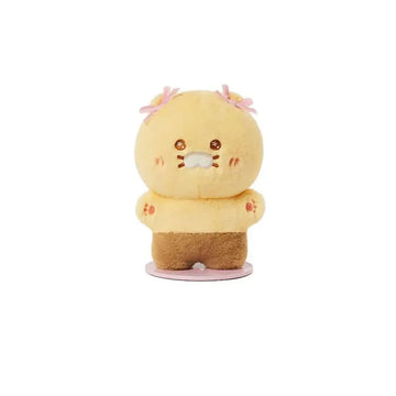 Plush toy with a yellow body and brown legs on a white background.