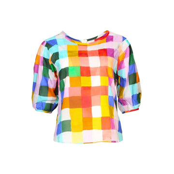 A women's blouse with a colourful checkered print.