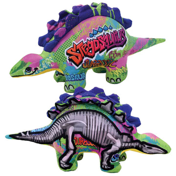 Two stegosaurus soft toys pictured showing the front and back design. One side has a graffiti print and the other side has a skeleton print.
