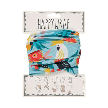 Colorful neck wrap with parrot design on a white background.