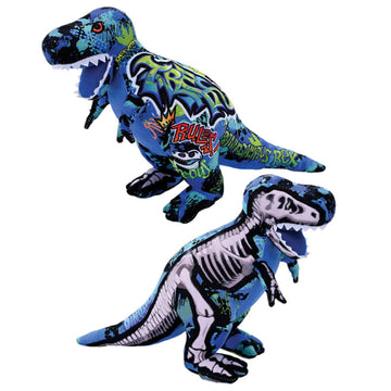Two t rex soft toys pictured showing the front and back. One side has a graffiti pattern and the other side has a skeleton print.