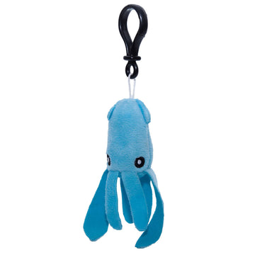 A soft toy keyring in the shape of a blue squid.