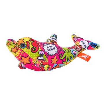 A multicoloured dolphin soft toy with images of sea animals and speech bubbles.