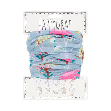 Colorful neck wrap with floral design on a white background, featuring 'Happywrap' branding.