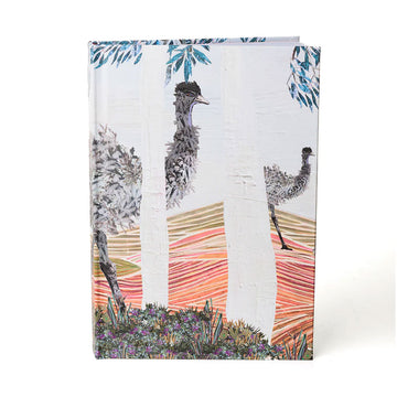 A hardcover journal illustrated with emus and plants.