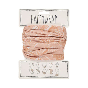 Pink headscarf with leaf pattern on a white background, featuring 'Happywrap' branding.