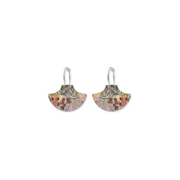 Pair of fan-shaped earrings with floral design on a white background.