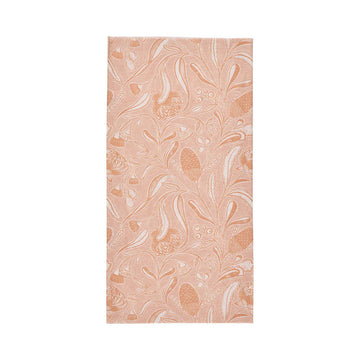 Pink headscarf with leaf pattern on a white background, featuring 'Happywrap' branding.