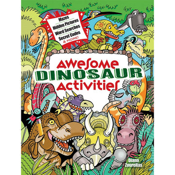 'Awesome Dinosaur Activities' book cover featuring a colourful illustration of lots of different dinosaurs.