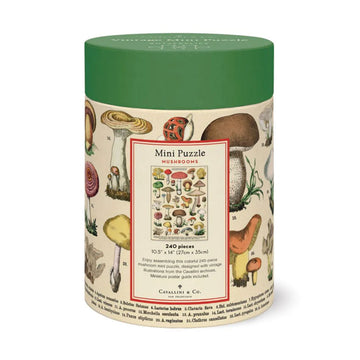  Cylindrical puzzle box with mushroom illustrations on a white background