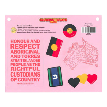 A pink sticker sheet with 7 stickers including Australia, the Aboriginal flag and the Torres Strait Islander flag.