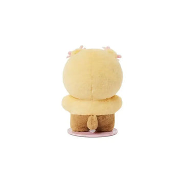 Plush toy with a yellow body and brown legs on a white background.