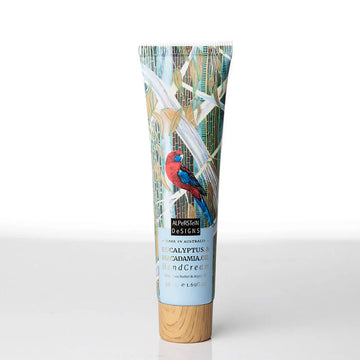A tube of hand cream illustrated with a rosella in a tree.