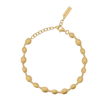 A gold bracelet with shells linked together.