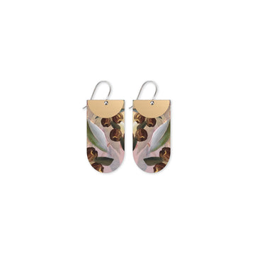 Pair of earrings with floral design on a white background.