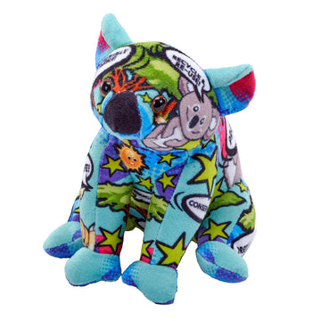 A koala soft toy with a multicoloured print of stars, koalas and speech bubbles.
