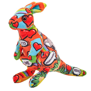A kangaroo soft toy in a multicoloured print of hearts and speech bubbles.