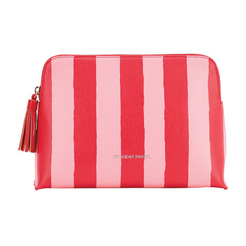 Red and pink striped pouch with a tassel on a white background.