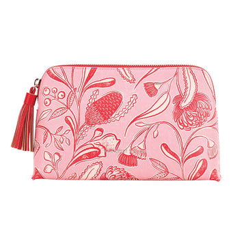 Pink pouch with floral pattern and red tassel on a white background.