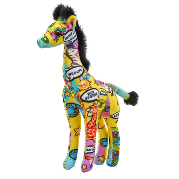 A giraffe soft toy in a multicolour print of animals and speech bubbles.