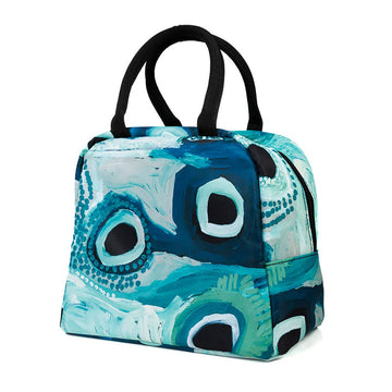 An insulated lunch bag printed with artwork by May Wokka in blue with black handles.