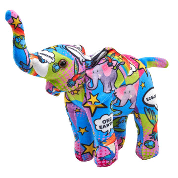 An elephant soft toy with a multicoloured print of animals and speech bubbles.