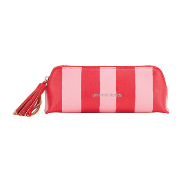 Red and pink striped pouch with a tassel on a white background.