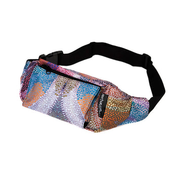A bum bag printed with artwork by Marianne Burton with a black strap.