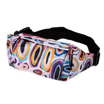 A bum bag printed with artwork by Gladys Kuru Bidu with a black strap.