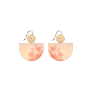 Pair of earrings with pink floral design on a white background.