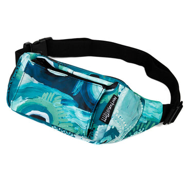 A bum bag printed with artwork by May Wokka in blue with a black strap.
