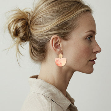 Pair of earrings with pink floral design on a white background.