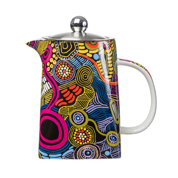Front view of a ceramic teapot printed with colourful artwork by Justin Butler.