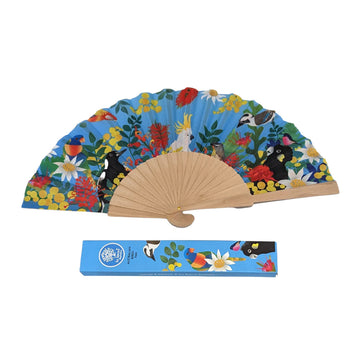 A wooden fan illustrated with Australian on a blue background.