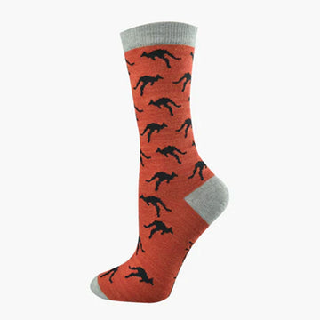 A orange brown sock with a grey heel, toe and cuff with printed with black kangaroos.