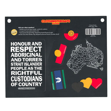 A black sticker sheet with 7 stickers including Australia, the Aboriginal flag and the Torres Strait Islander flag.