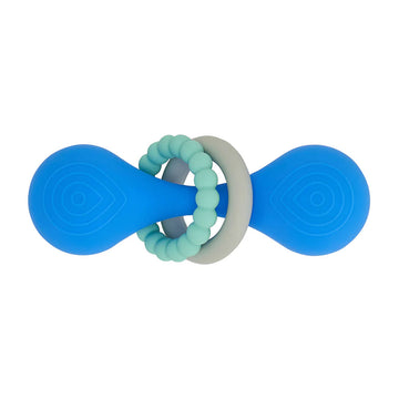 Blue and green baby teething ring attached to a silicone dumbbell.