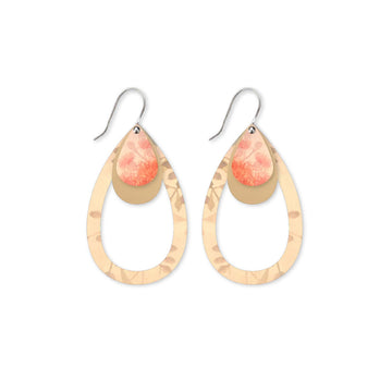 Pair of tear drop earrings with pink center and gold outer shell on a white background.