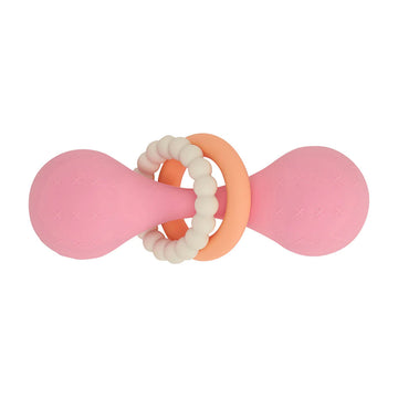 Pink and orange teething ring attached to a silicone dumbbell.
