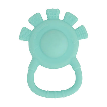 Aqua silicone teething ring on a white background.