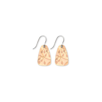 Pair of earrings with leaf patterns on a white background.