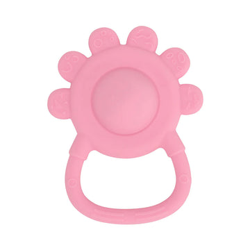 Pink baby teether on a white background.