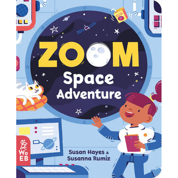 Book cover of 'Zoom Space Adventure' with a child, cat, and space-themed illustrations.