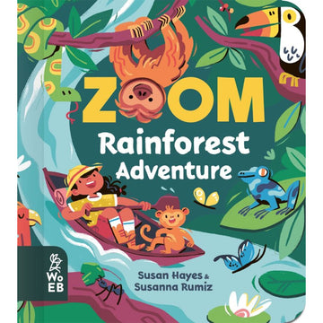Book cover of 'Zoom Rainforest Adventure' with colorful illustrations of a child, monkey, and animals in a rainforest setting.