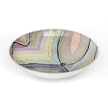 A stainless steel bowl printed with artwork by Liddy Walker in the inside.