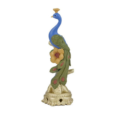 Decorative peacock figurine on a white background.
