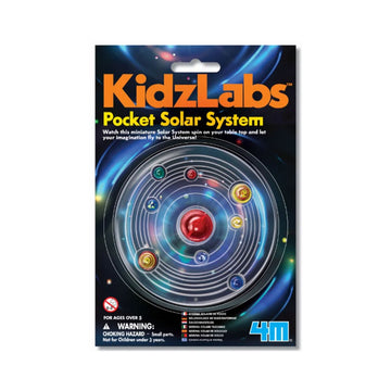 Packaging of KidzLabs Pocket Solar System toy with colorful depiction of solar system.